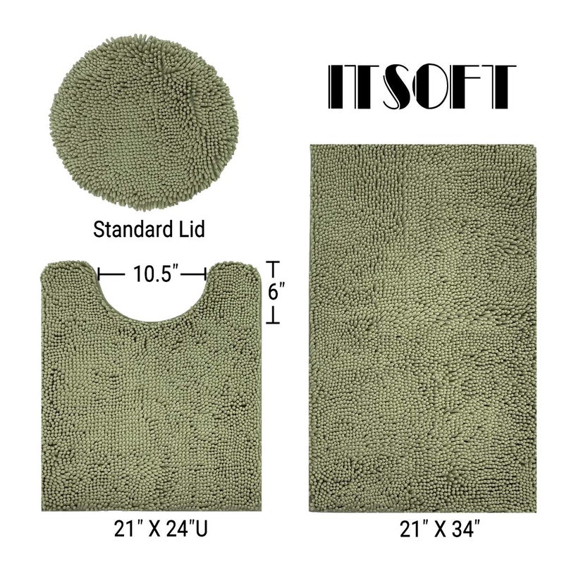 ITSOFT 3pc Non-Slip Shaggy Bathroom Mat Set, Includes 24 x 21 Inches U-Shaped Contour Toilet Rug, 34 x 21 Inches Bathmat and 1 Toilet Lid Cover, Sage Green - Image 3